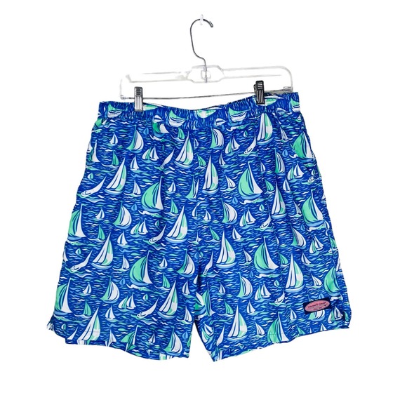 Vineyard Vines Blue and Green Sailboat Swim Trunks - Picture 1 of 7